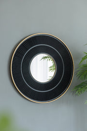 Gold & Black Round Decorative Wall Mirror – Pleated Art Deco Accent Mirror