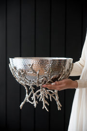 Silver Aluminum Decorative Pedestal Bowl with Sculptural Branch Base – Modern Centerpiece