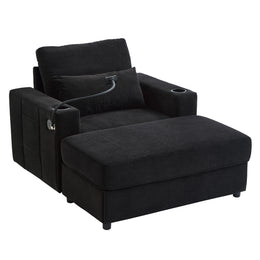 Modern Style Armchair Chaise Lounge  with Movable Storage Ottoman, USB Ports, and Cup Holders