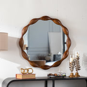 Round Walnut Wood Wall Mirror with Wavy Frame