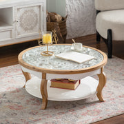 Farmhouse Round Glass Coffee Table with Open Storage Shelf & Antique White Finish