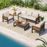 4-Piece Outdoor Furniture Sofa Set for 5 People with Acacia Wood Armrests