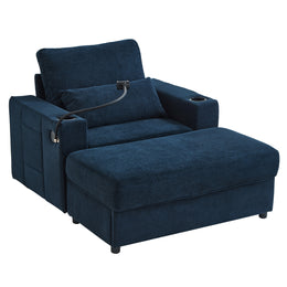 Modern Style Armchair Chaise Lounge  with Movable Storage Ottoman, USB Ports, and Cup Holders