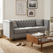 Gray Velvet 3‑Seat Sofa