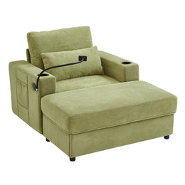 Modern Style Armchair Chaise Lounge  with Movable Storage Ottoman, USB Ports, and Cup Holders
