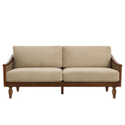 Modern Light Brown Chenille 3-Seater Sofa with Solid Wood Frame & Rattan Arms