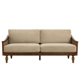 Modern Light Brown Chenille 3-Seater Sofa with Solid Wood Frame & Rattan Arms