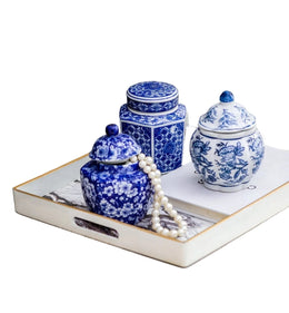 Blue & White Porcelain Decorative Jars – Ming-Inspired Floral Accent Jars, Set of 3