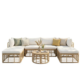 Beige 7-Piece Modular Outdoor Wicker Patio Set