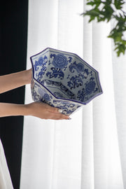 Blue & White Porcelain Decorative Bowl – Ming-Inspired Pleated Chinoiserie Centerpiece