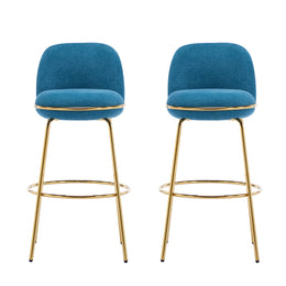 Modern Blue & Gold Upholstered Bar Stools with Backrest & Footrest – Set of 2