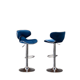Blue Velvet Adjustable Swivel Bar Stools with Chrome Base & Footrest – Set of 2