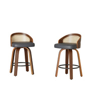 Black 360° Swivel Counter Height Bar Stools with Rattan Back & Faux Leather Seats – Set of 2