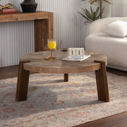 Rustic Round Wood Coffee Table with Herringbone Top