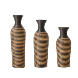 Brown Hand-Woven Rattan-Style Floor Vases – Decorative Boho Tall Vase Set of 3