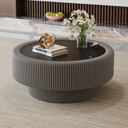 Modern Round Coffee Table with Tempered Glass, Storage – Fluted Leather Design