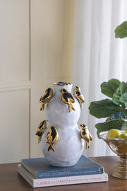 White Ceramic Vase with Gold Bird Accents