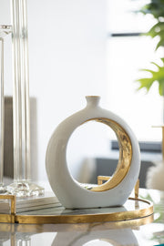Modern White & Gold Ceramic Ring Vase