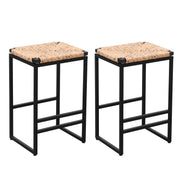Set of 2 Backless Water Hyacinth Woven Bar Stools with Footrest Natural Finish