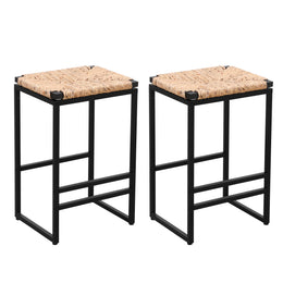 Set of 2 Backless Water Hyacinth Woven Bar Stools with Footrest Natural Finish