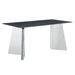 Black Marble-Patterned Slab Dining Table with Silver Butterfly Legs