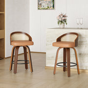 Modern Wood Frame with Rattan Back, Swivel Bar Stools Set of 2