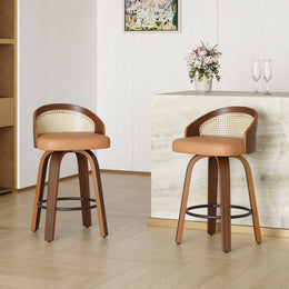 Modern Wood Frame with Rattan Back, Swivel Bar Stools Set of 2
