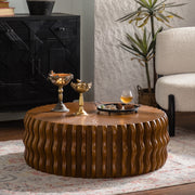 Mid-Century Modern Round Walnut Fluted Drum Coffee Table