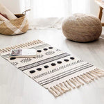 Suitable for Bedside, Living Room, or Bedroom.
Details:

Size:60x90cm
Note: 1cm = 0.39 in
Features: Natural material, breathable, soft.
Material: Cotton and Linen

 Retro Bohemian Hand Woven Tassel Carpet RugBlak Outlet