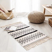 Suitable for Bedside, Living Room, or Bedroom.
Details:

Size:60x90cm
Note: 1cm = 0.39 in
Features: Natural material, breathable, soft.
Material: Cotton and Linen

 Retro Bohemian Hand Woven Tassel Carpet RugBlak Outlet