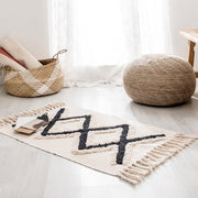 Suitable for Bedside, Living Room, or Bedroom.
Details:

Size:60x90cm
Note: 1cm = 0.39 in
Features: Natural material, breathable, soft.
Material: Cotton and Linen

 Retro Bohemian Hand Woven Tassel Carpet RugBlak Outlet
