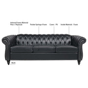 Black PU Rolled Arm Chesterfield Three Seater Sofa